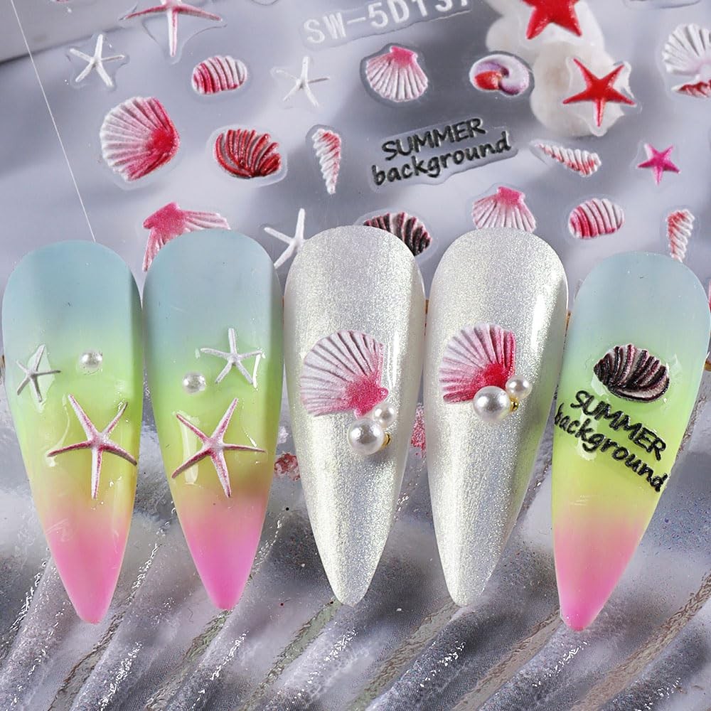 5D Embossed Ocean Nail Stickers – Summer Decals With Shell, Colorful