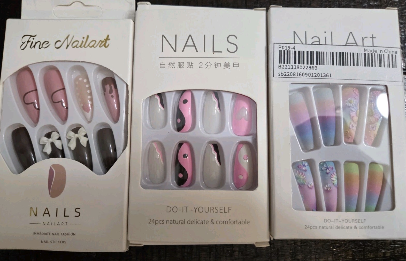 Press On Nails Lot 3 Packs Pink/Chocolate Ying Yang Rainbow And Flowers Cute
