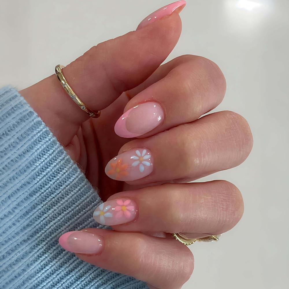 Spring Press On Nails Short Almond Fake Nails Pink French Tip False Nails wit…