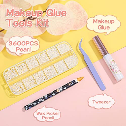 3600Pcs Face Gems Eye Pearls with Makeup Glue for Rhinestones, Half Pearls
