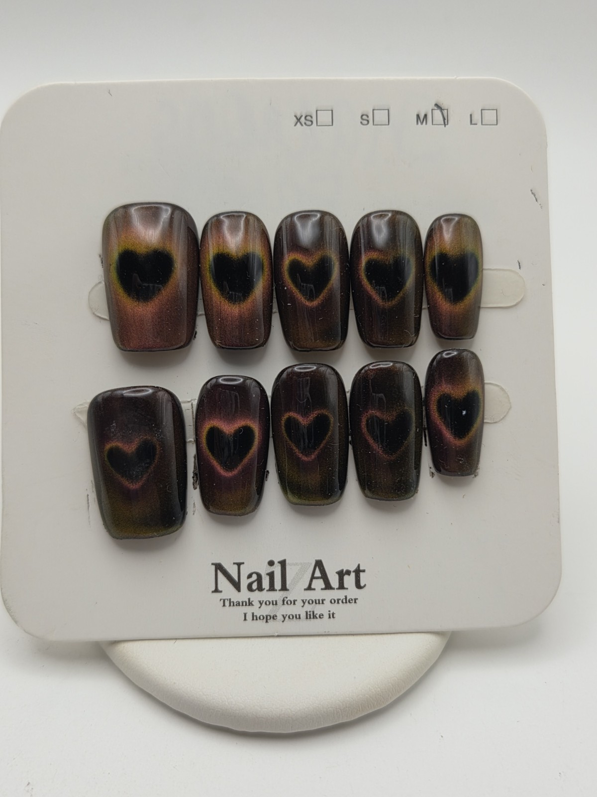 Press On Nails Heart Cats Eye Short Square Size Medium