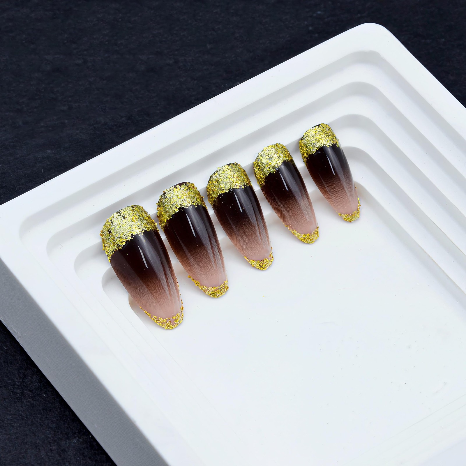 Glitter French fingertip press-on nails medium almond false nails with gold g…