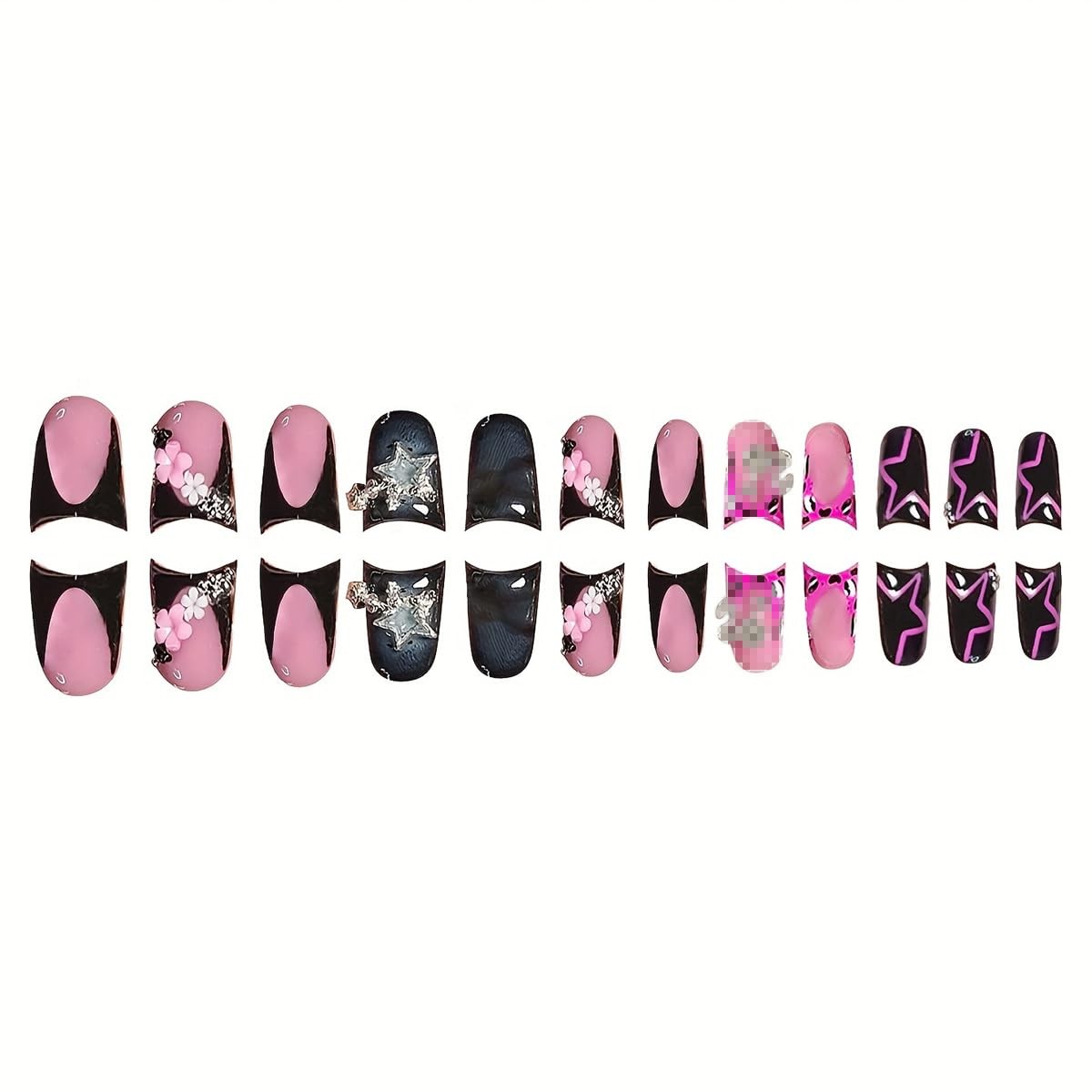 Black Press on Nails Duck Fake with Star Design French Short, Color01