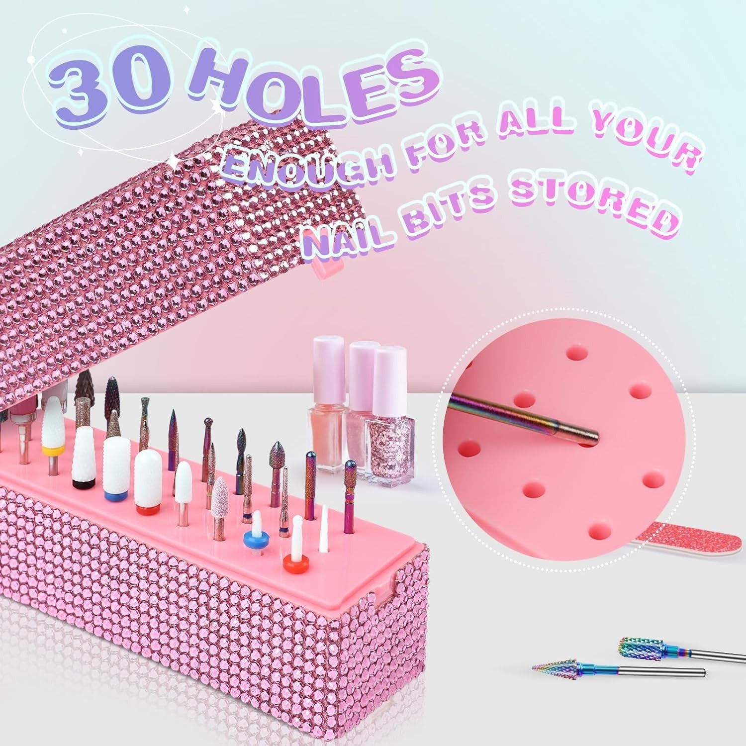 Nail Drill Bits Holder Box: 30 Holes Rhinestone Drill bit Holder Nail tech fo…