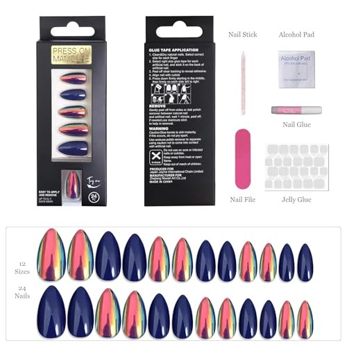 Acrylic Press On Nails Blue Almond – Nail Kit M-AL Sapphire Blue Chrome