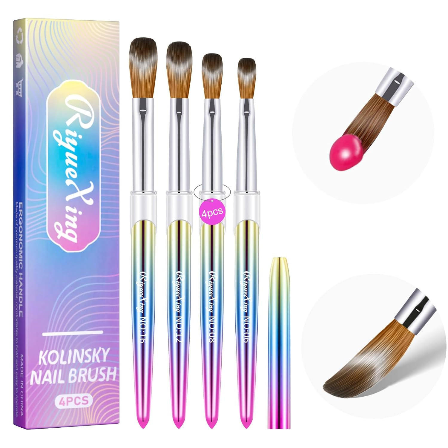 4PCS Acrylic Nail Brush Set, 6/8/12/16. Kolinsky Nail Art Brushes for Applicatio