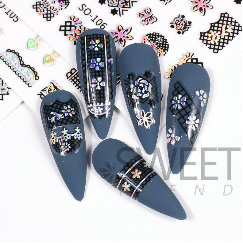 Silver Black Nail Sticker Laser Butterfly Rose Lace Flower Heart Peel Stick NH21