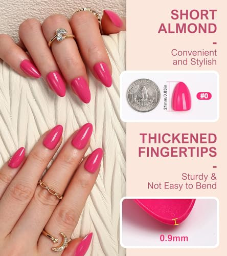 30Pcs Hot Pink Press on Nails Almond, Short Fake Nails Glossy Acrylic False