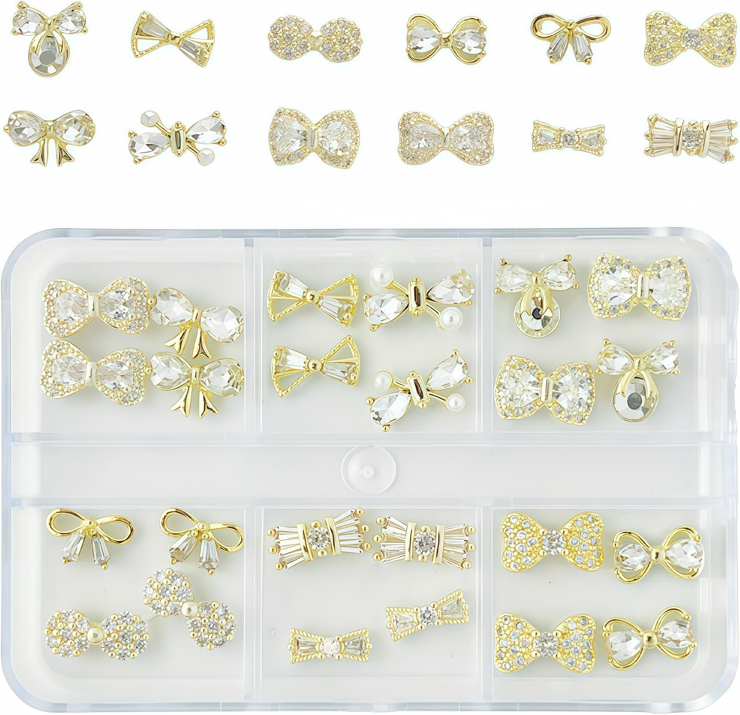 24 Pcs 3D Luxury Gold Nail Charms and Gems with Bows for Nail Art Decoration