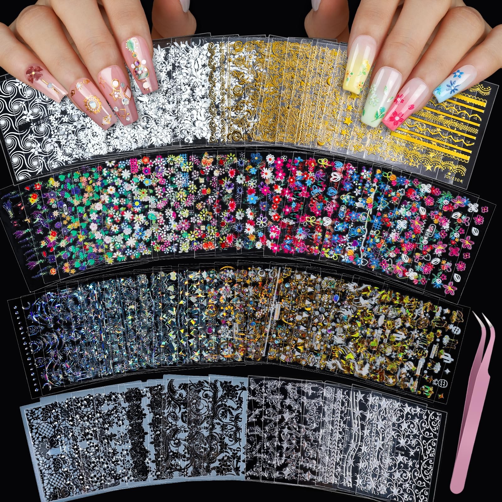 Teenitor 7 Styles Nail Stickers 100 Sheets Flower Decals