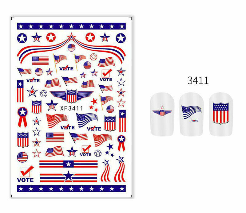 American Flag Star Heart LOVE USA July 4th Butterfly Number 3D Nail Sticker NS3