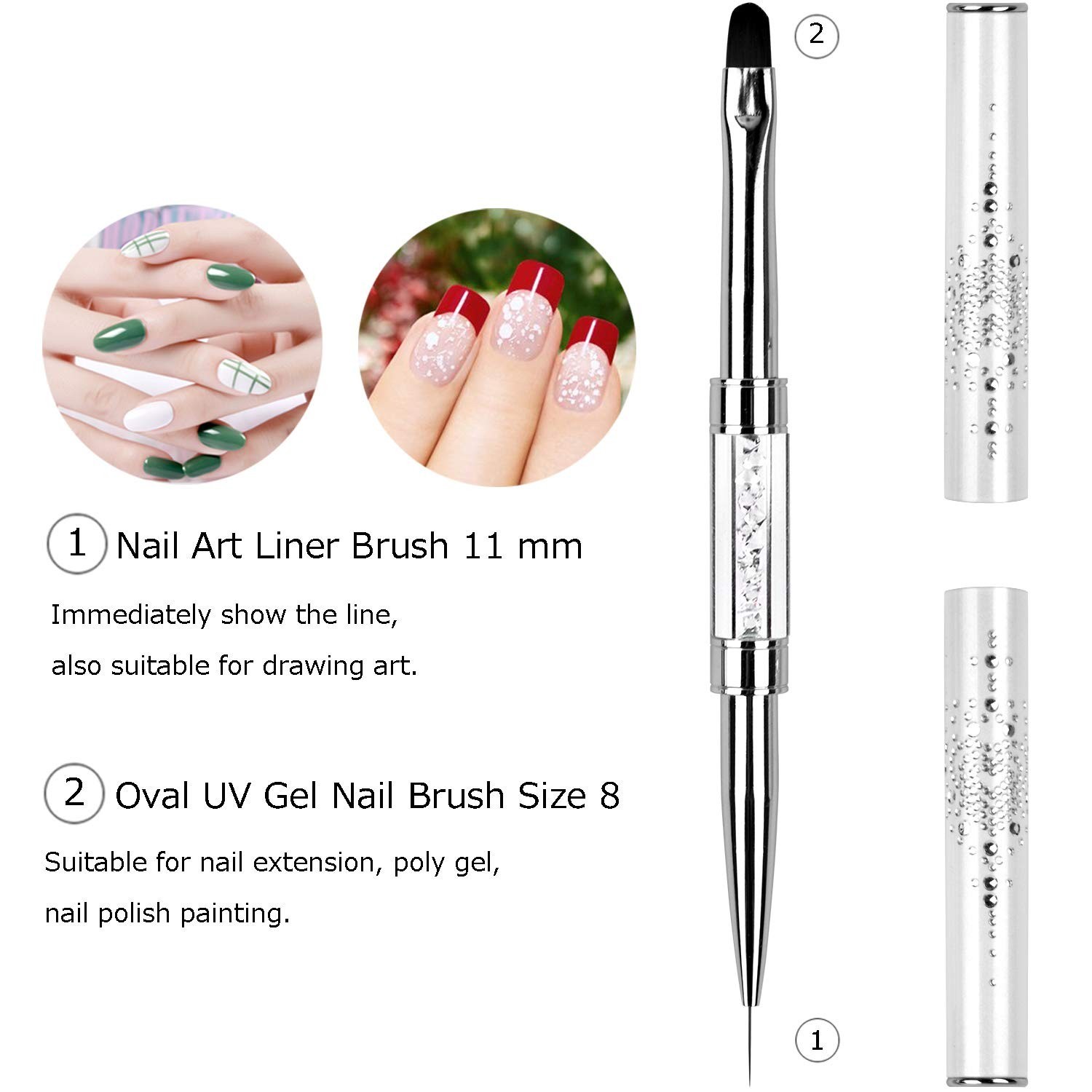 1Pcs Dual-ended UV Builder Gel Nail Brush Rhinestone Handle Nail Art Liner Br…