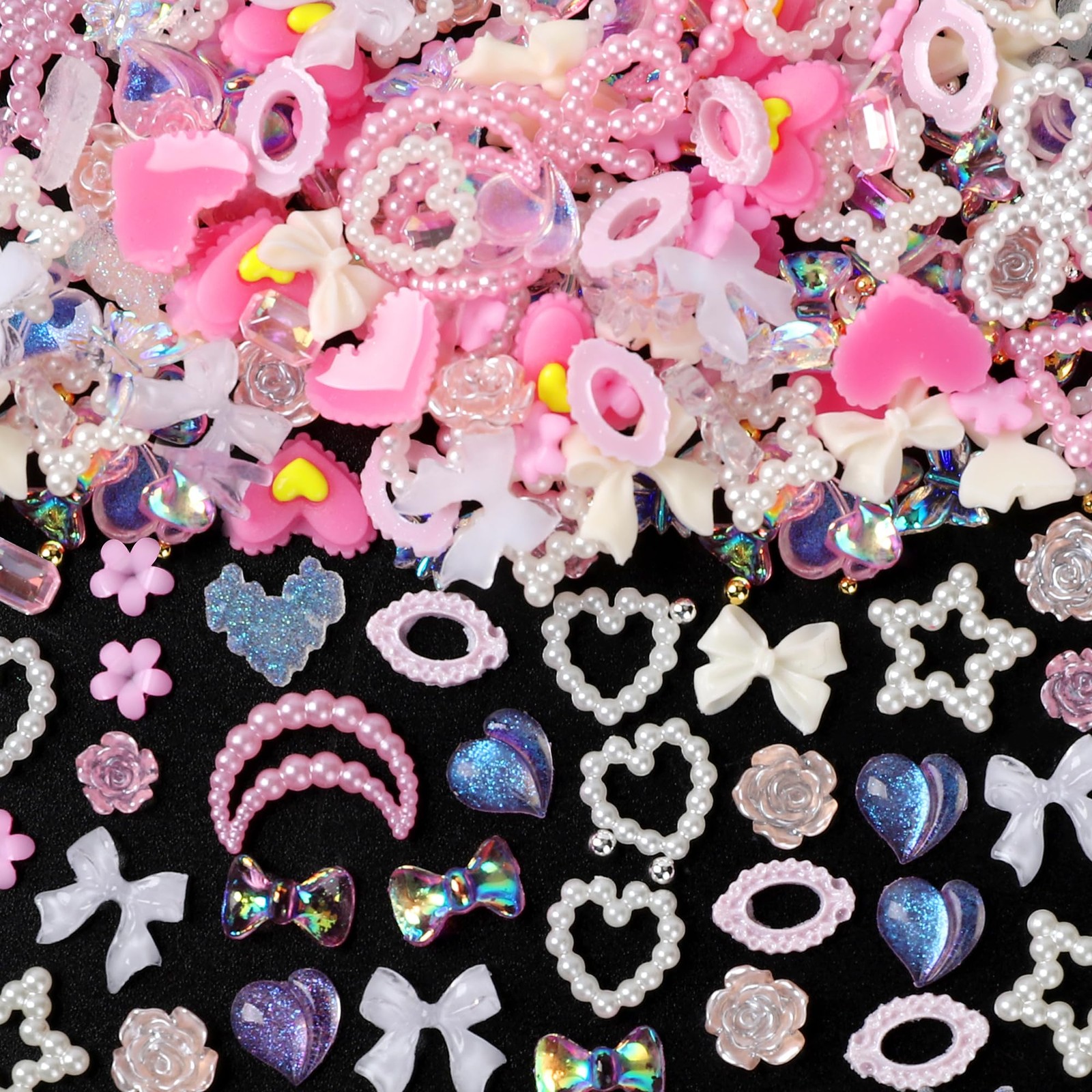 110pcs Assorted Pearls 3D Nail Charms, Pink Multi Shapes Heart Flower Bowknot…