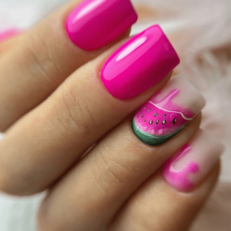 48Pcs-Summer Square False Nails Hot Pink Drip Watermelon Glossy Press on Nails
