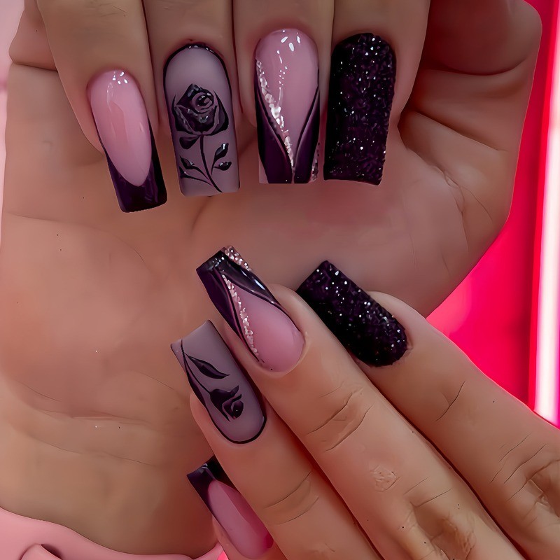 48Pcs-Black Rose Purple Press on Nails Coffin Nail Art Set Reusable Handmade