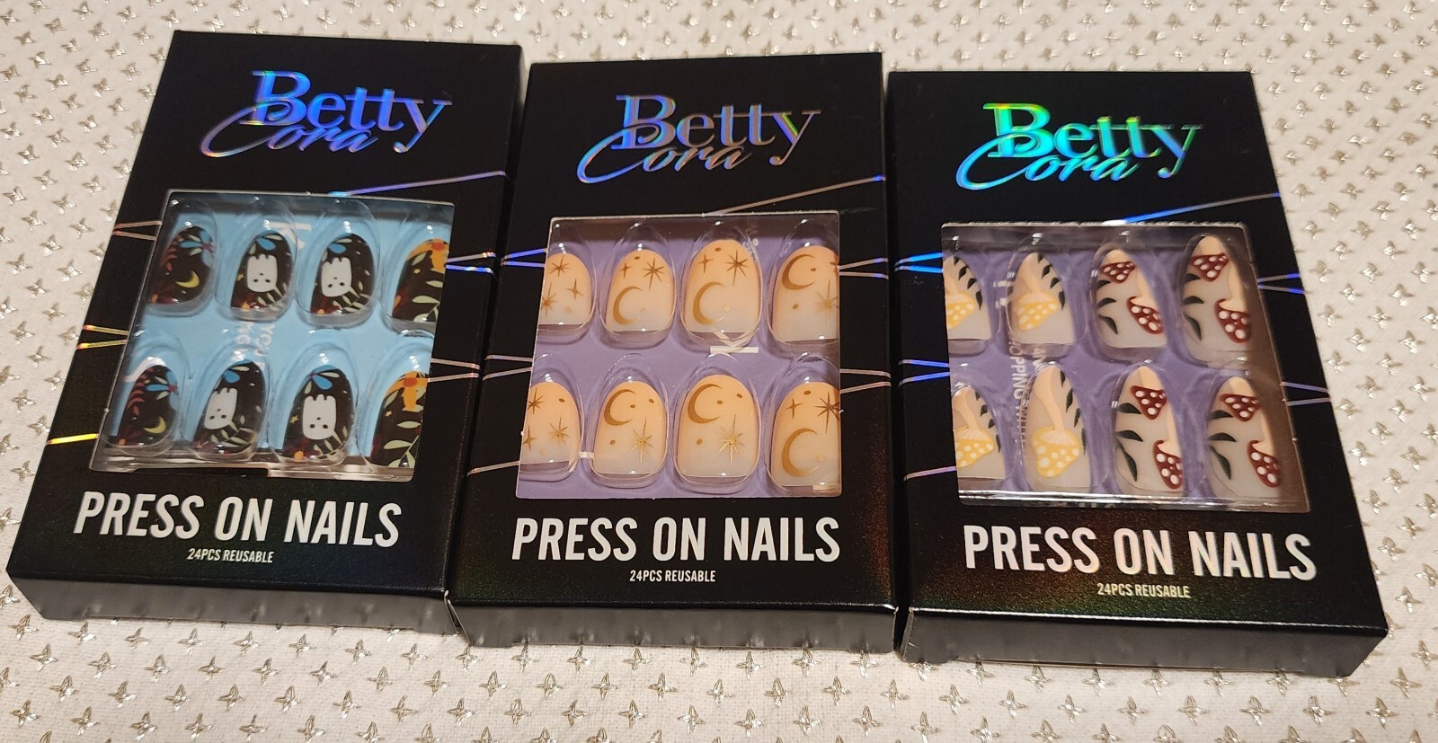 Lot 12 Sets Betty Cora Press On Nails NIB Hearts Rainbows Bunny Mushrooms Ghosts