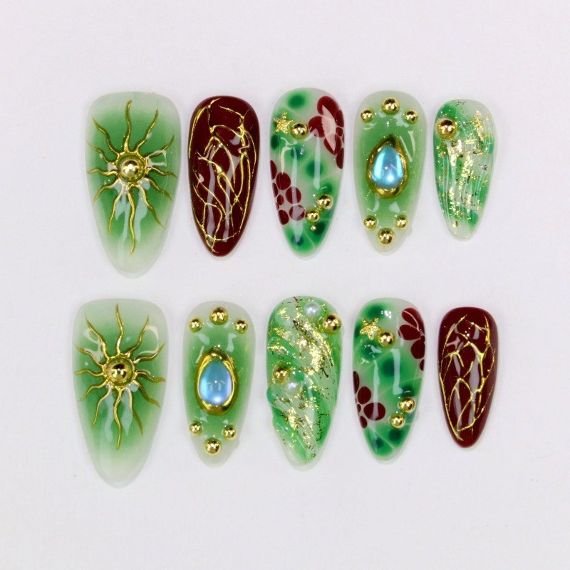 Custom Pure Handmade Nails Green Red Sun Pattern Gold Foil Vintage Manicure