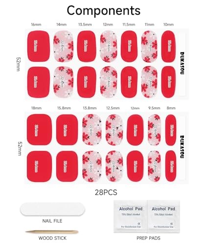 Semi Cured Gel Nail Strips, 28 Pcs UV Gel Nail Stickers, D.02a Red Pink Flowers