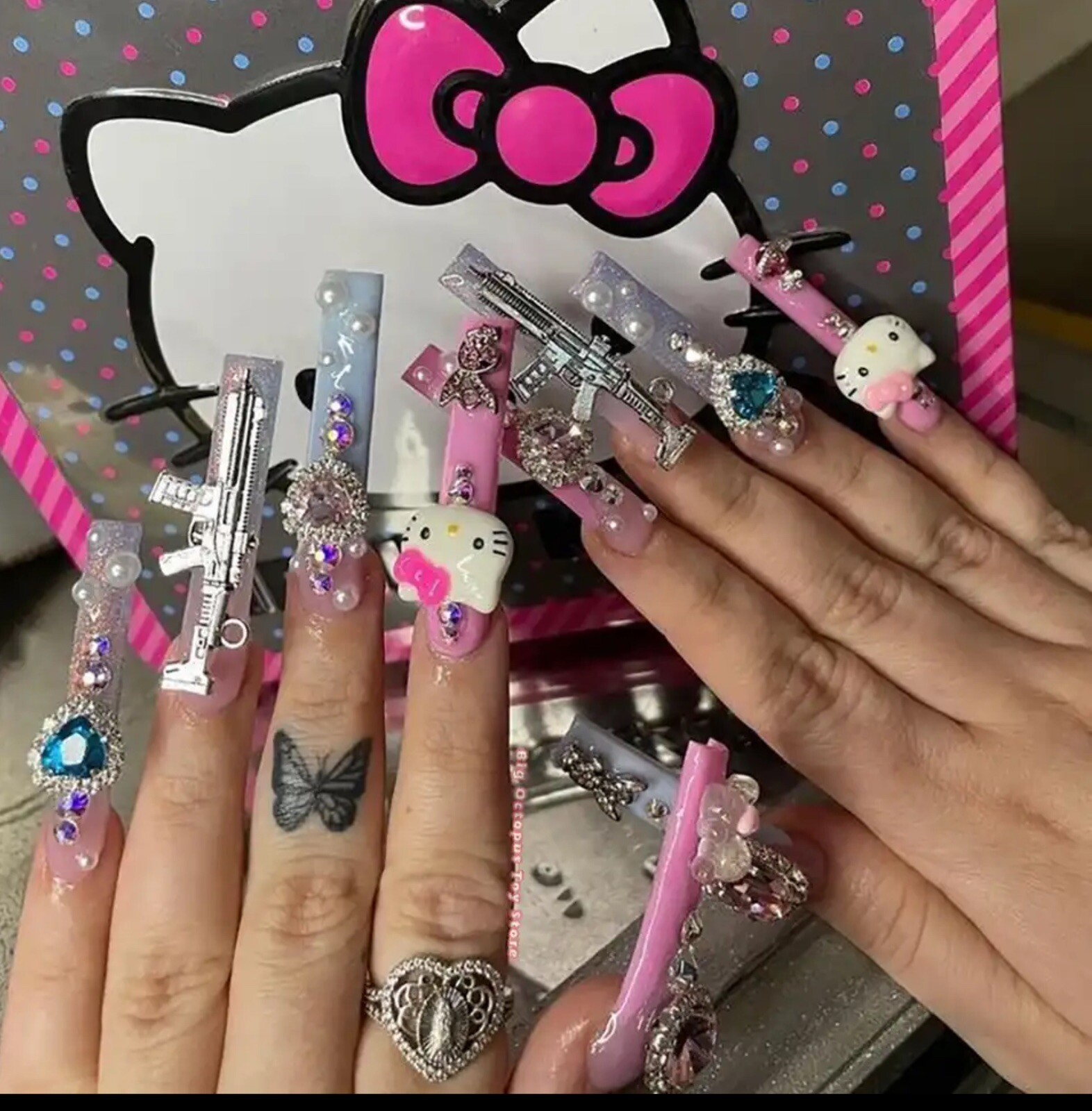 Xxxl Rectangle, Fake Nails 3D Hello KITTY Pink Diamond Strong, Long Nails