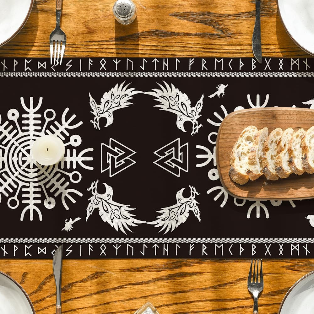 Black Viking Tree of Life Raven Helmet of Awe Table Runner, Seasonal Kitchen Din