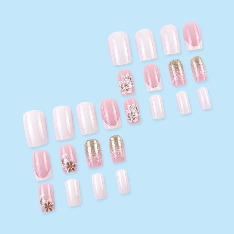 48Pcs-Elegant Line Art Press on Nails Medium Square French Floral Sparkle Design