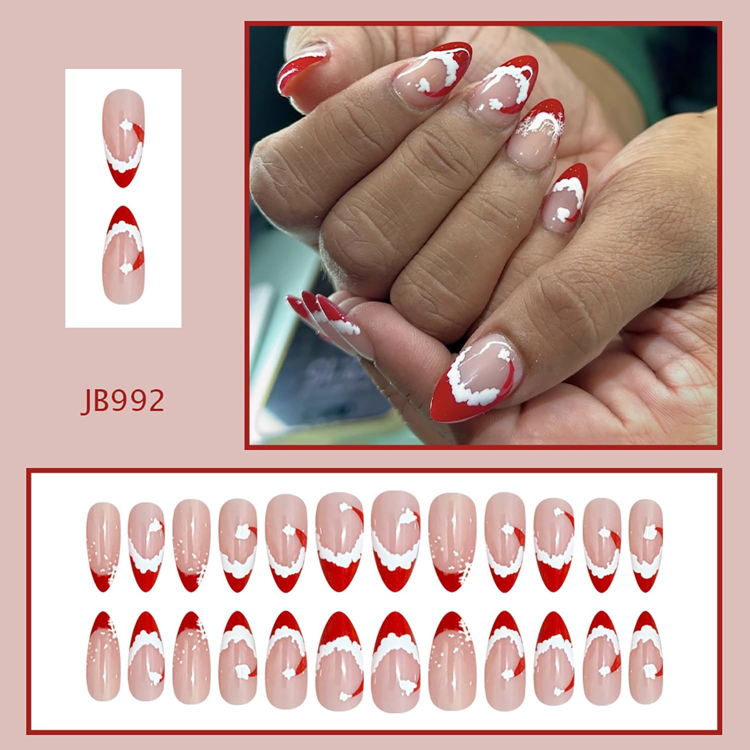 Christmas Press on Nails Medium Almond Fake Nails with Santa Hat Snowflake De…