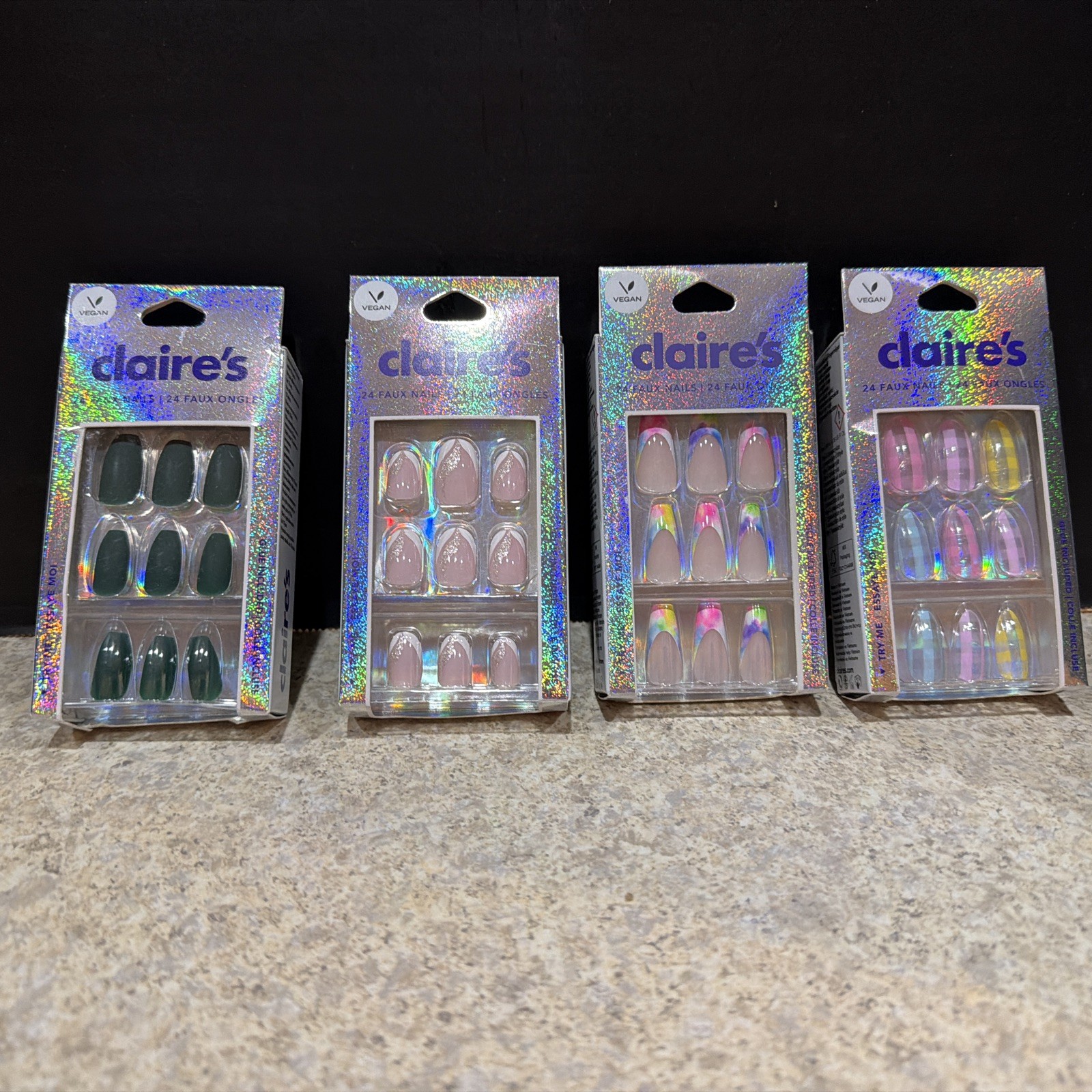 Lot of 4 Claire’s Vegan Press On Nails Sets 24 Faux Nails New- no glue included