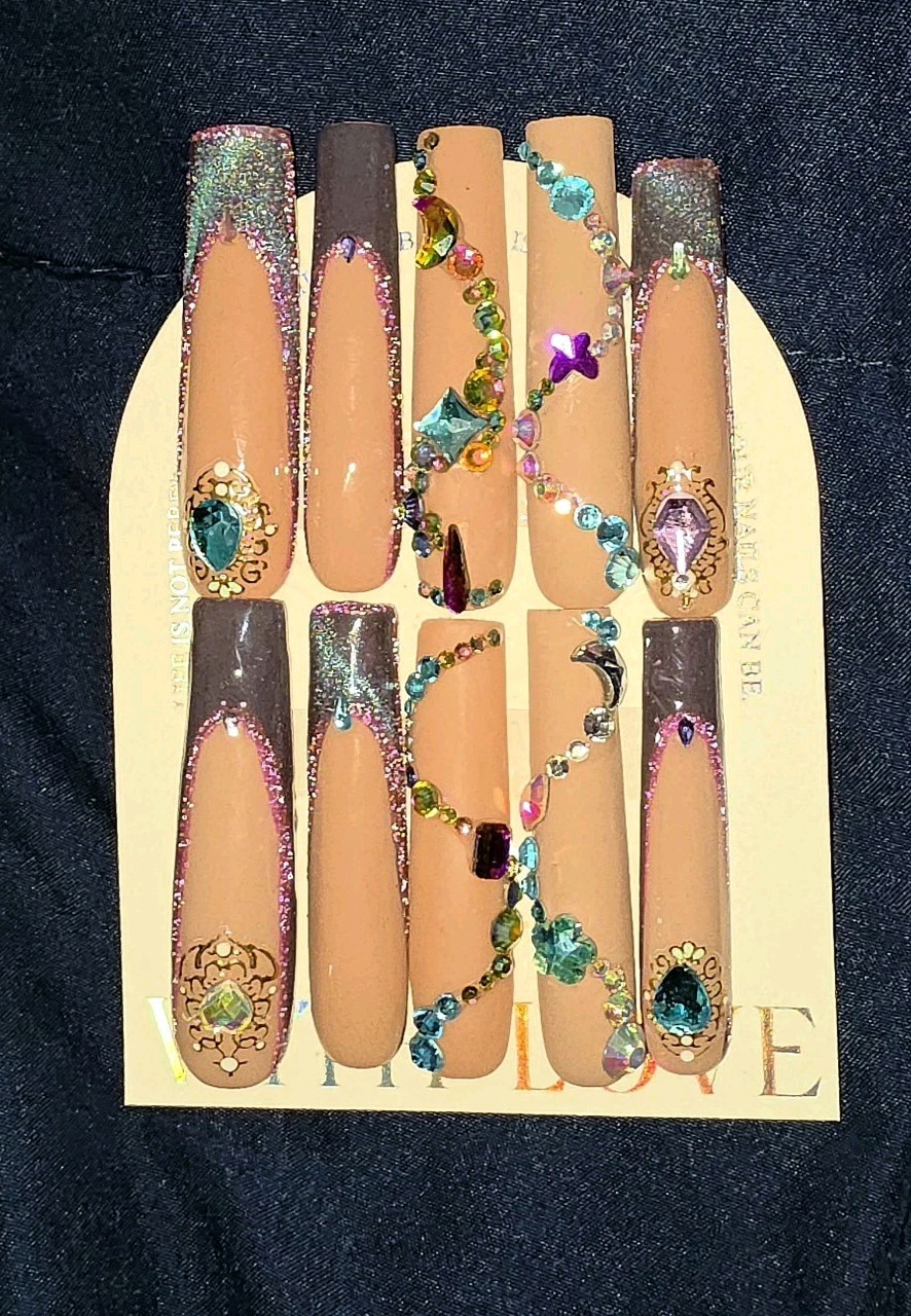 Acrylic Press On Nails 3XL Square Shape Aurora Glittery Cat Eye Purple 3D Gems