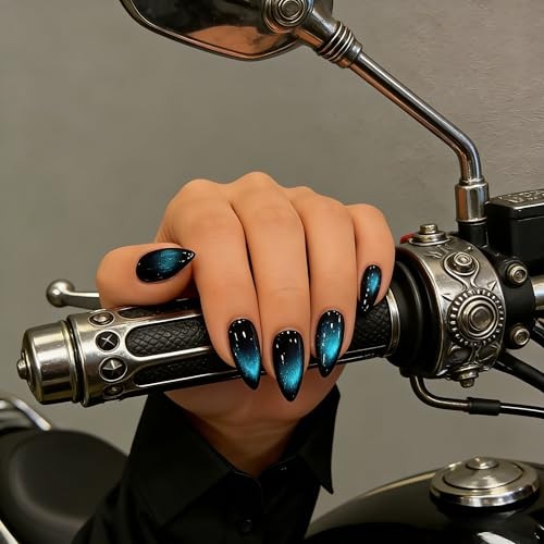 Cat Eye Press On Nails – Almond – Dark Ocean Blue – Black Blue