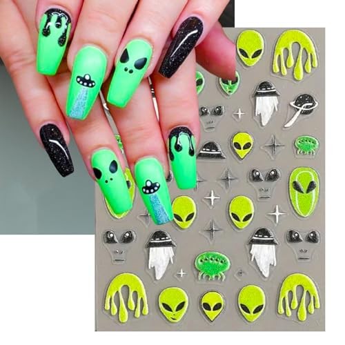 Embossed Alien Nail Art Stickers – 5D ET UFO Astronaut Rocket Design Self