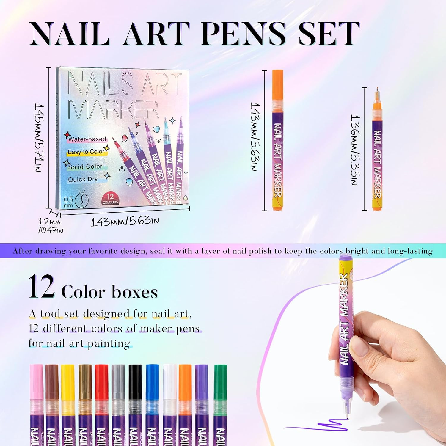 Nail Art Pens, 12 Colors 0.5Mm Fine Tip Water-Based Quick-Dry Pens for DIY Nail