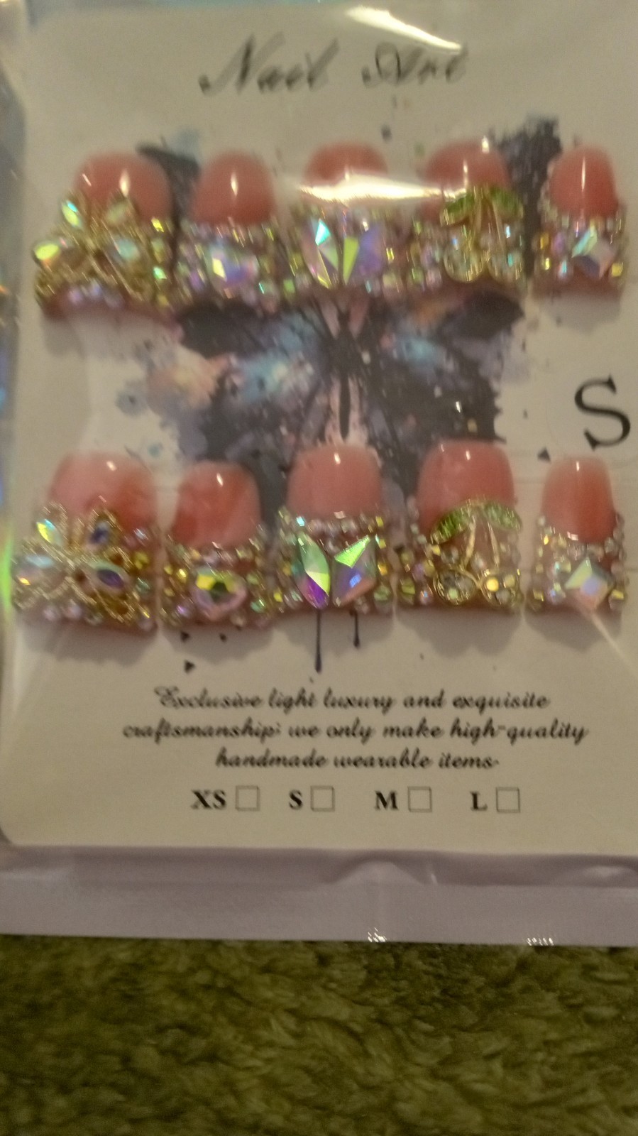 3D Shiny Press-On Nails Pink Gold Multicolor Rhinestones Full Cover Pre-Designed