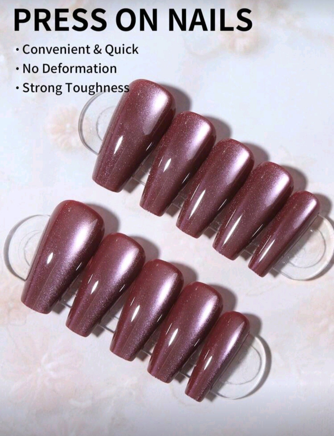 Press-On Nails Mauve Purple Dark Rose Medium/Long Coffin Shaped Shiny Finish
