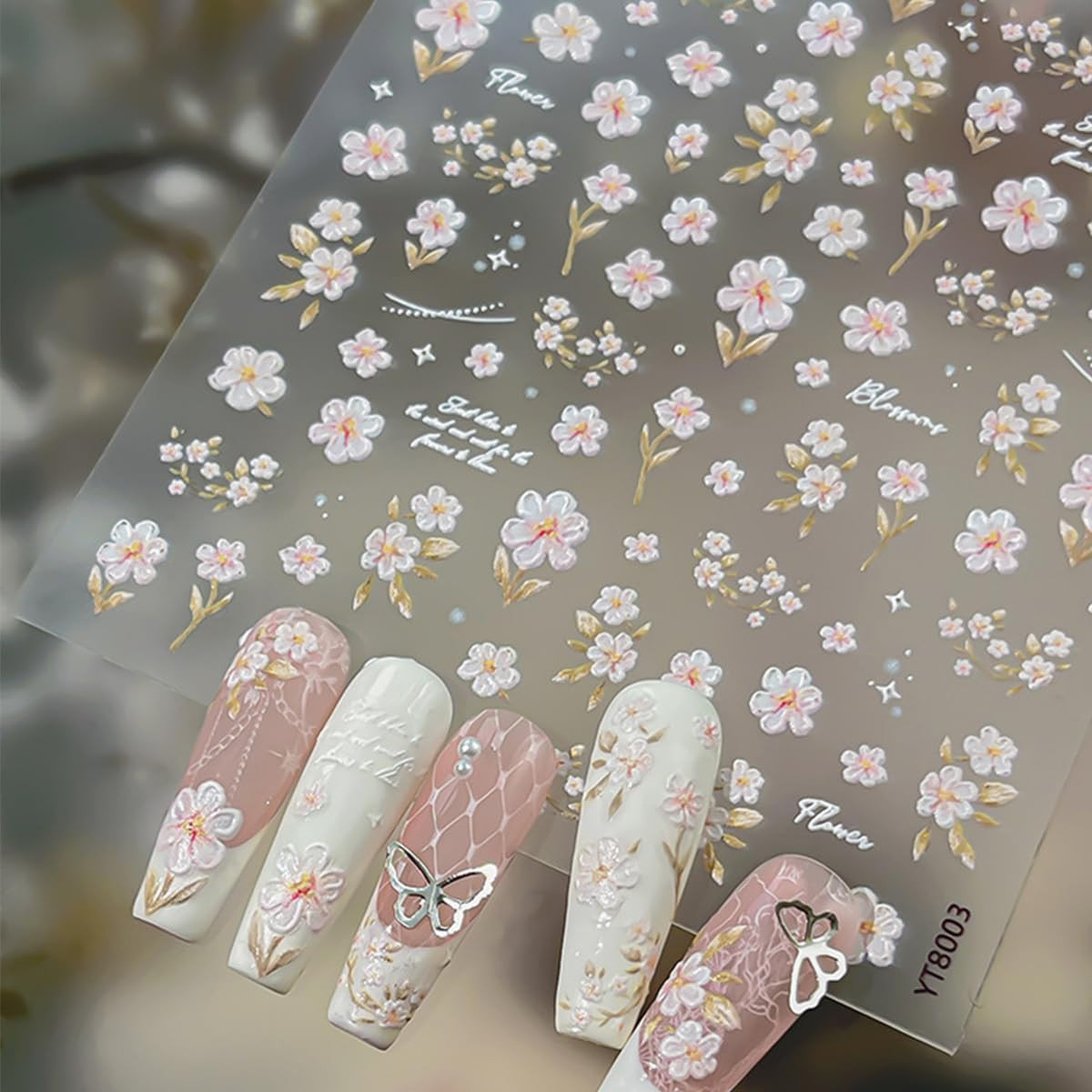 1Pcs Flower Nail Art Stickers Decals 5D Embossed Pink Flower Nail Decals Cute Sm