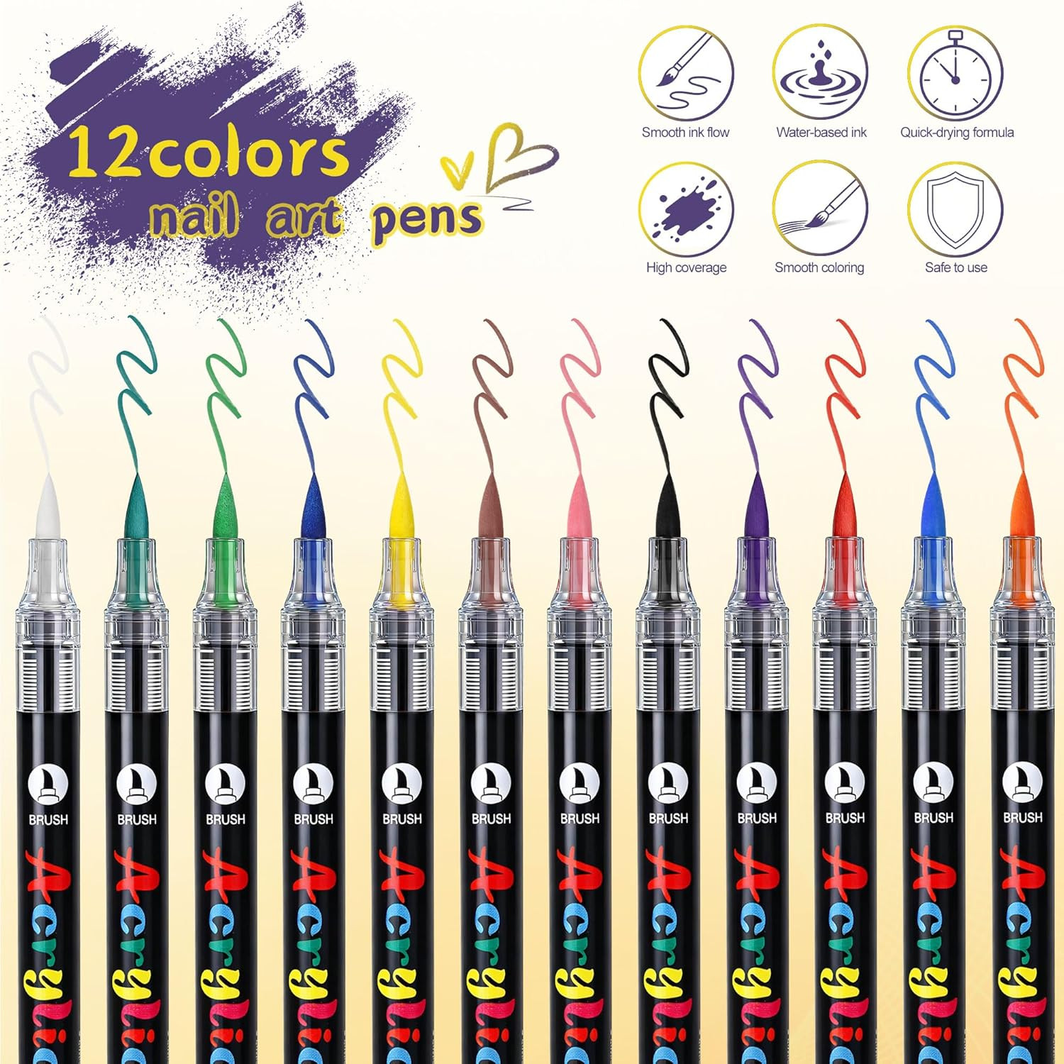 12 Colors Nail Art Pens Set, 3D Quick-Drying Acrylic Paint Markers Nail Point Gr
