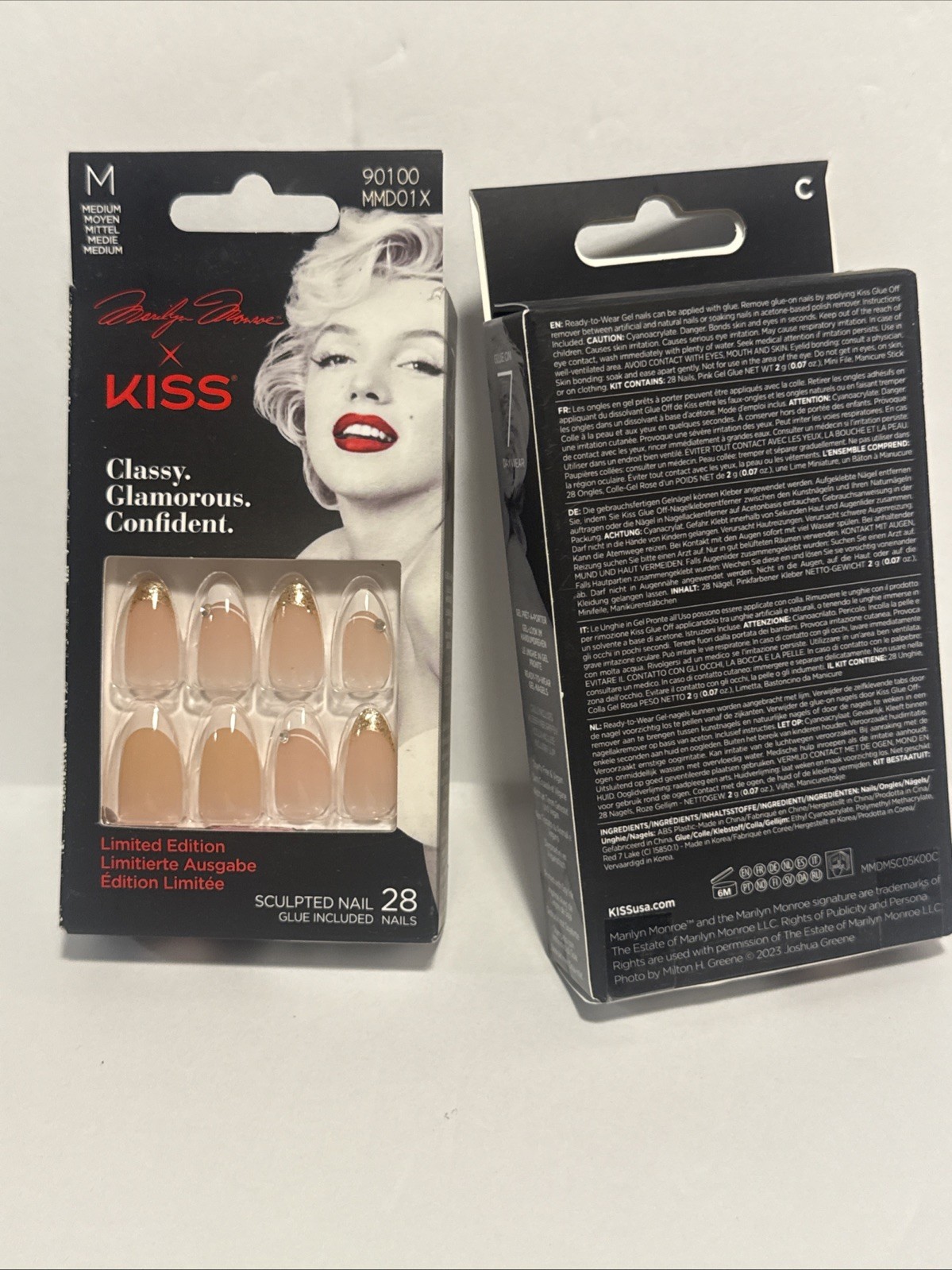 2Marilyn Monroe X Kiss 28 Nails Medium Almond French Tip Nude+Gold GlitterJewels