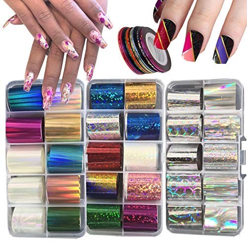 30 Rolls Holographic Nail Foil Stickers & Strip Tape – Silver Laser Nail Art Dec