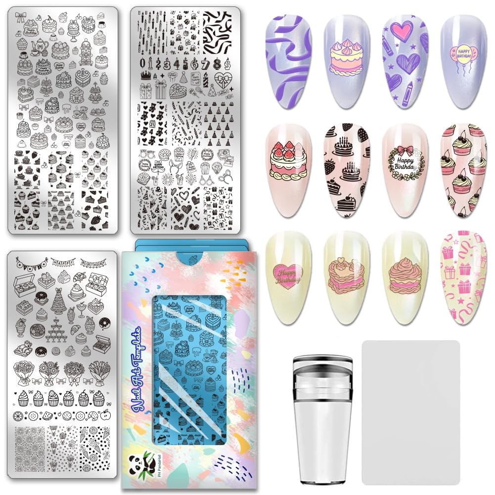 3pcs Birthday Party Nail Stamping Plate Cake Dessert Nail Art Templates Candl…