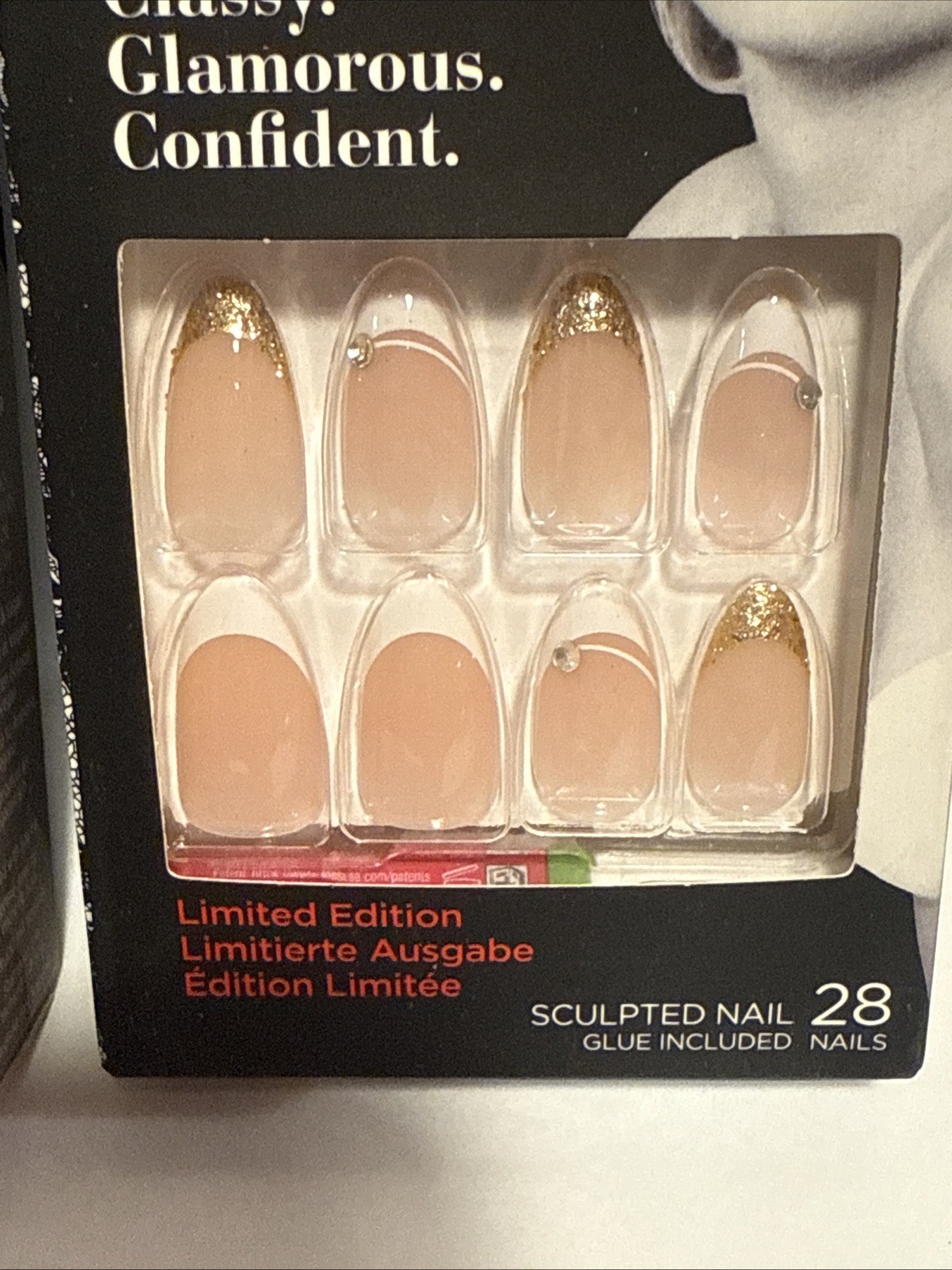 2Marilyn Monroe X Kiss 28 Nails Medium Almond French Tip Nude+Gold GlitterJewels