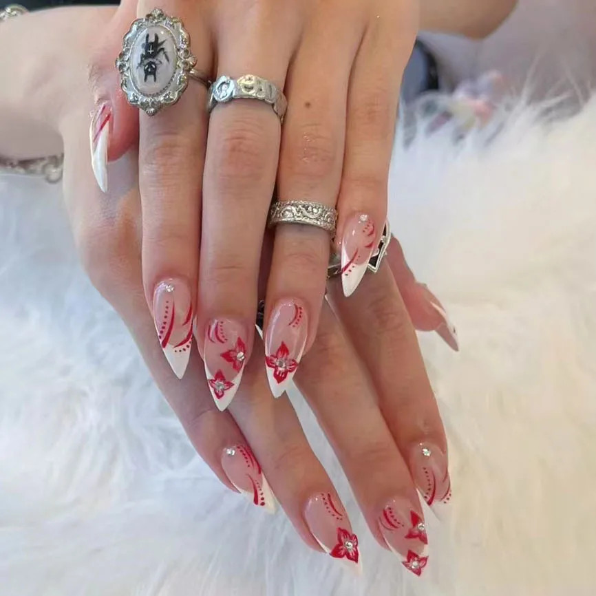 24pcs 3D Bow Pearl Cherry French Press On Nails