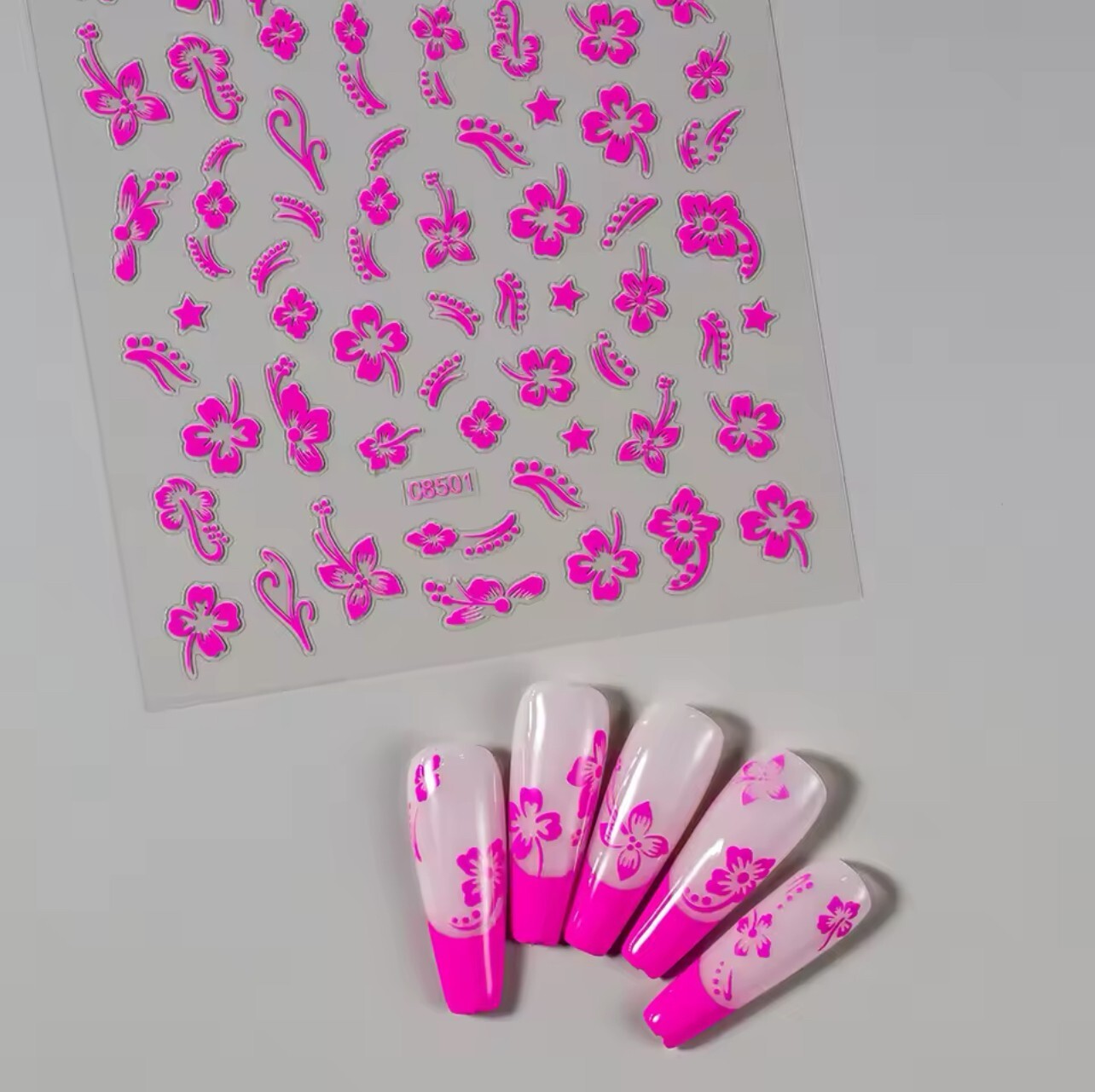 Nail Art Stickers Transfers Spring Summer Flowers Pink Silver Gold Black C8501