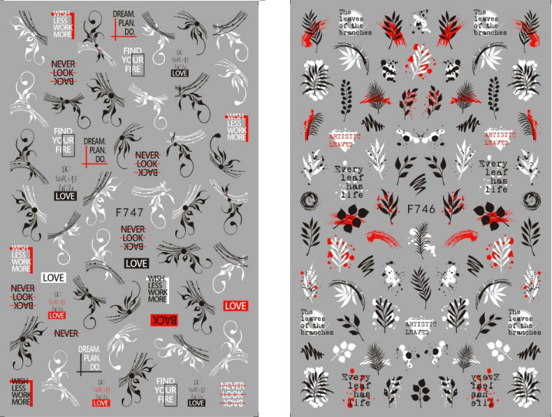 3D Adhesive Nail Stickers Decals Letters Geometric Abstract Leaves Flowers NS3