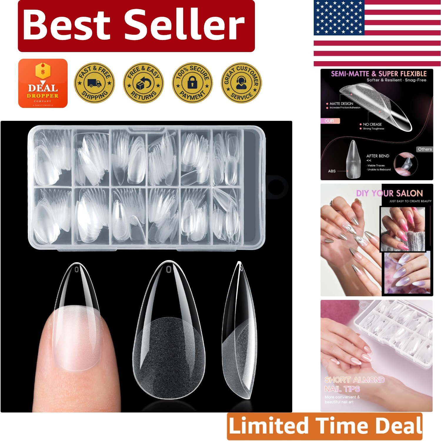 240pcs Half Matte Almond Press on Nails – Perfect for Home or Salon Use