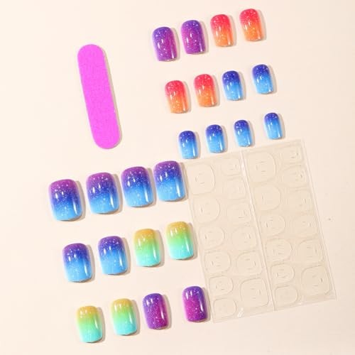 Colorful Glitter Press on Nails Extra Short Square Fake Colorful Ombre Glitter