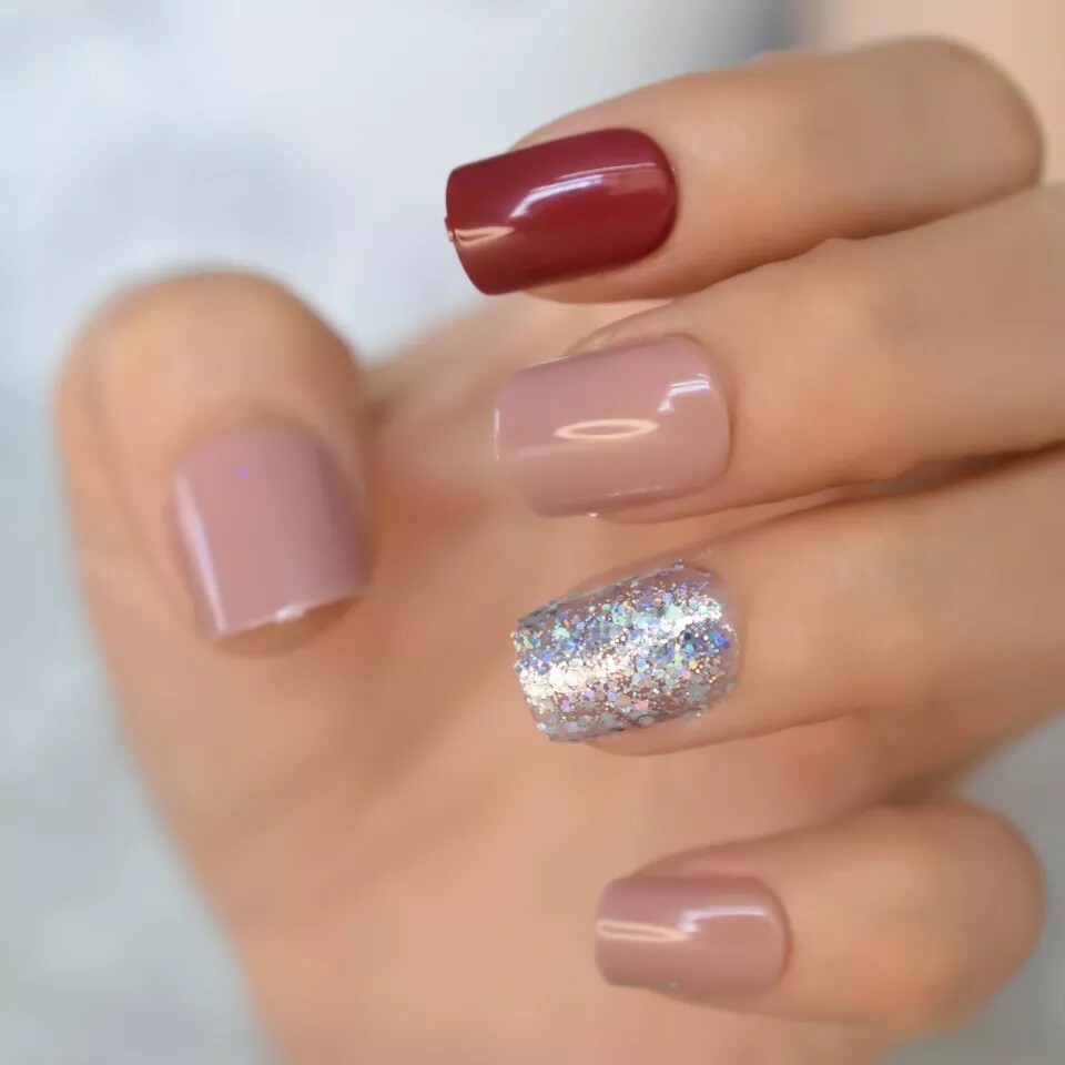 24 Short multi mauve burgundy Glitter Press On Nails w glue silver