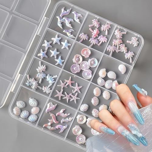 3D Aurora Ocean Nail Charms Summer Nail Rhinestones Beach Nail Art Shiny Shell