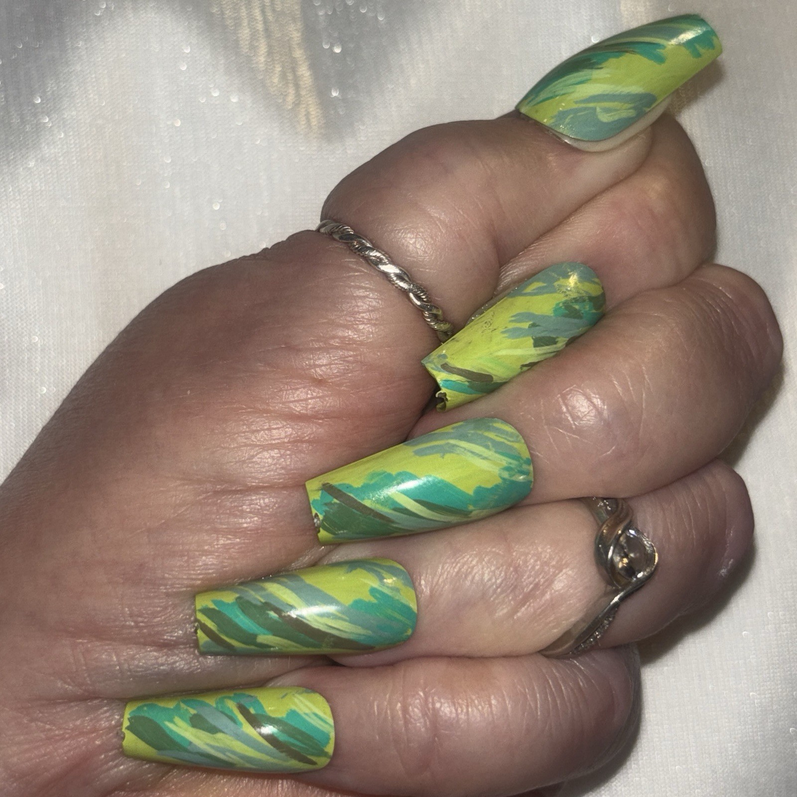 28 pc XL (00) Green Yellow Camouflage Glossy Long Coffin Press-On Nails Handmade