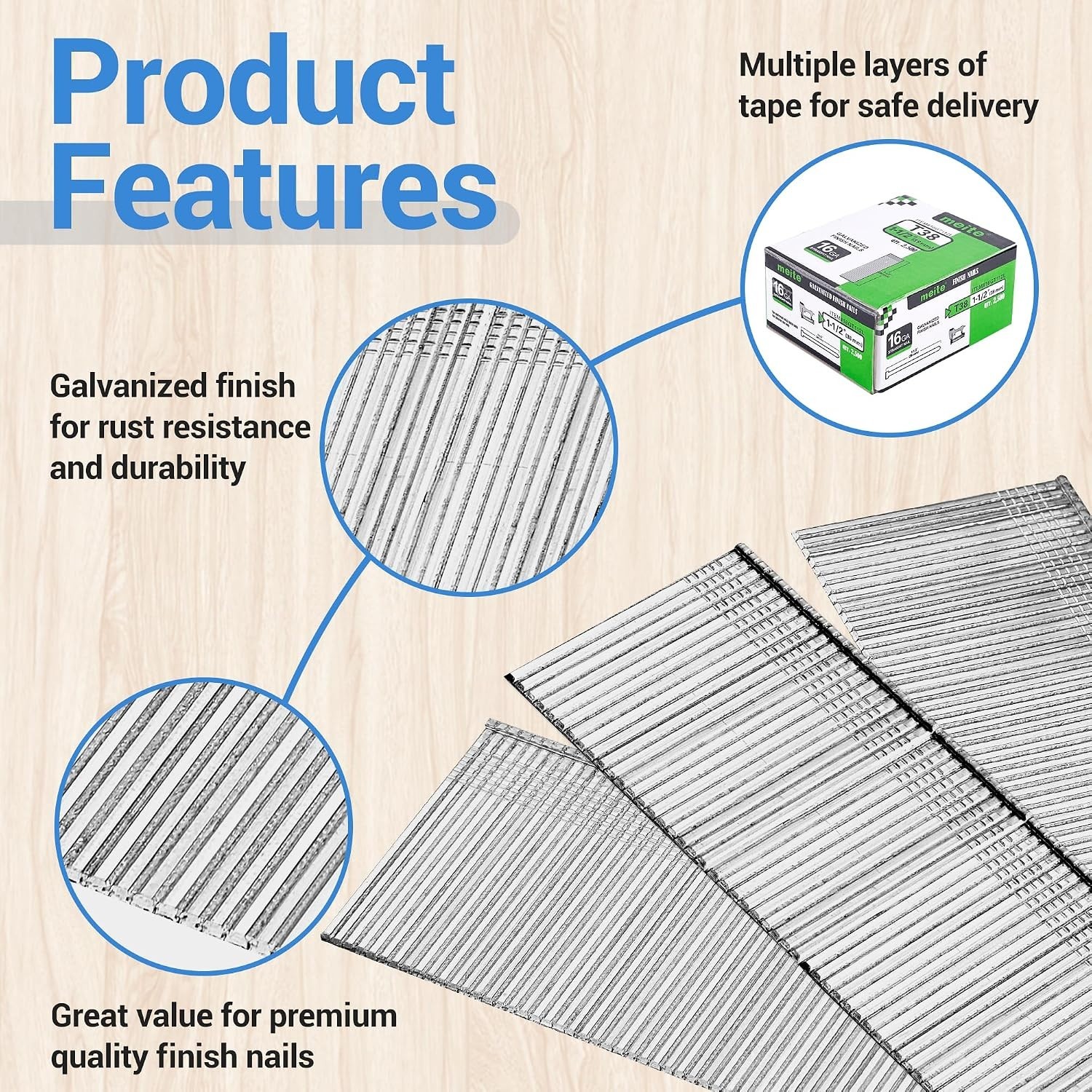 Durable 16 Gauge Galvanized Finish Nails 1-1/2 Inch – 2500 PCS for Nailer Guns