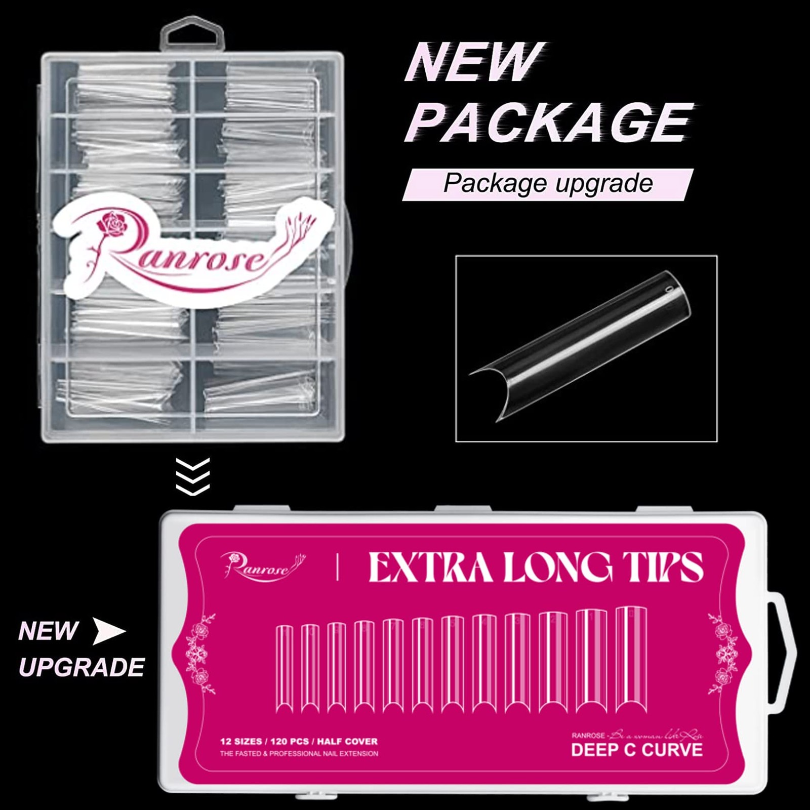 Ranrose 120PCS Extra Long 100 Piece Assortment, Clear 2XL C Curve Tips