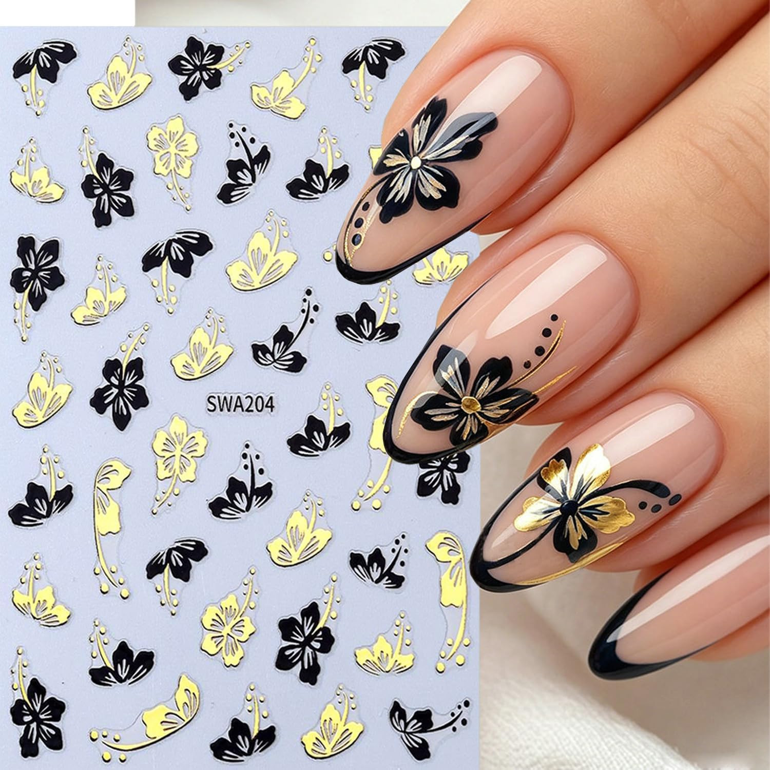 6 Sheets Flower Nail Art Stickers 3D Self -Adhesive Hibiscus Nail Decals Hologra